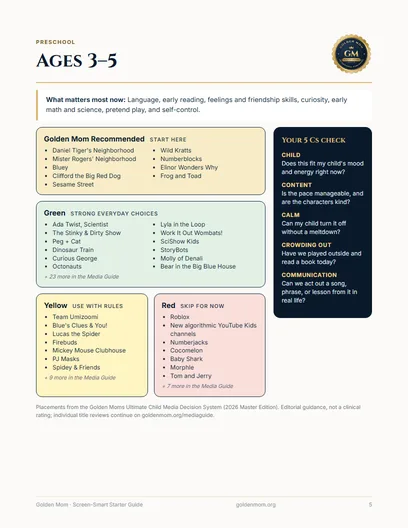 Sample page: picks and the 5 Cs for ages 3 to 5