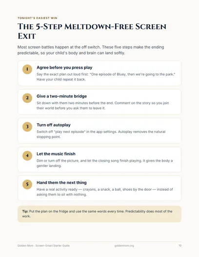 Sample page: the 5-step meltdown-free screen exit